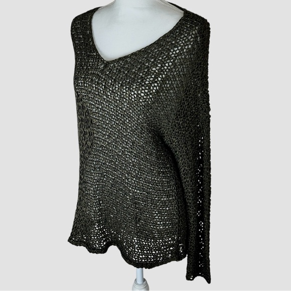 Eileen Fisher Knotted Open Weave V-neck Sweater. Metallic Olive Green. S… - Picture 5 of 5